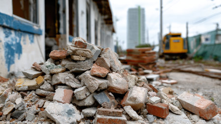 A detailed view of a pile of construction debris at an abandoned building site, showcasing bricks and rubble against an urban backdrop.の素材