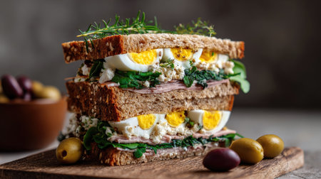 A beautifully layered sandwich showcases fresh boiled eggs, greens, and creamy spread, served on rustic wood. Perfect for food lovers and culinary enthusiasts.の素材