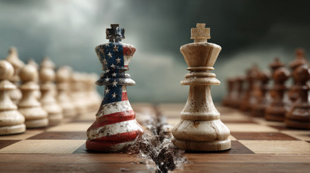 This compelling image captures a tense chess game between two opponents, featuring an American-themed piece and a traditional wooden piece, symbolizing competition and strategy.の素材