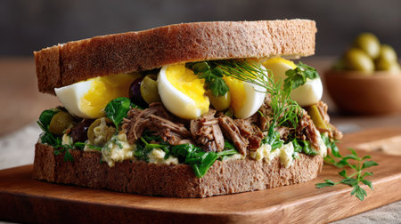 A visually appealing gourmet sandwich showcases layers of tender meat, fresh greens, and eggs, perfect for a satisfying meal experience.の素材