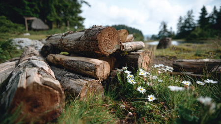 A serene scene showcasing stacked logs on a grassy area adorned with white wildflowers, capturing the essence of tranquility in a natural landscape.の素材