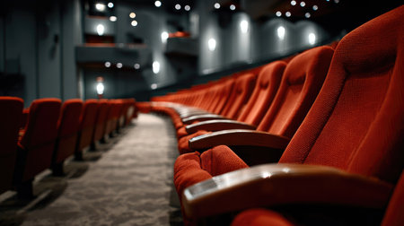 This image captures a modern cinema interior featuring cozy red theater seats with ambient lighting, highlighting the inviting atmosphere and design.の素材