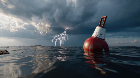 A striking image of a buoy floating on water, set against a foreboding sky filled with dramatic clouds and a striking bolt of lightning, showcasing nature's power.の素材