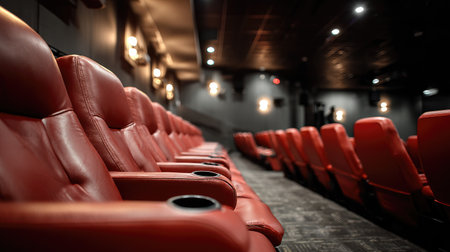 Experience the ambiance of a modern cinema with plush red seats arranged neatly in empty rows, inviting viewers for a relaxed film viewing.の素材