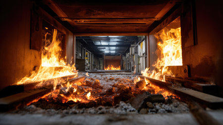 A striking view of intense flames erupting from two openings in an industrial setting, highlighting the dangers of fire surrounded by smoke and heat.の素材