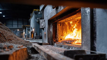 A vivid image showcasing an industrial furnace with flames prominently visible. The scene captures the essence of metalworking in a workshop environment, emphasizing the power of burning and production.の素材