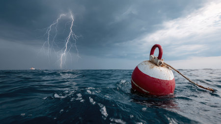 A buoy floats in choppy waters as dramatic lightning flashes illuminate dark storm clouds, creating a captivating scene of nature's power and beauty.の素材