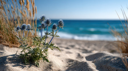 A serene coastal scene featuring a vibrant plant growing in sandy soil, with gentle ocean waves and a clear blue sky creating a tranquil atmosphere.の素材