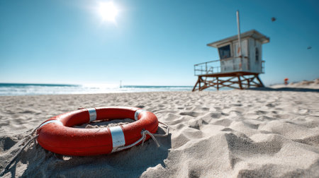 A striking image of a vibrant lifebuoy resting on sandy beach, showcasing a lifeguard tower, bright sun, and tranquil ocean waves under a clear blue sky.の素材