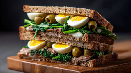 This captivating sandwich showcases a perfect blend of fresh greens, olives, and hard-boiled eggs layered between rustic bread, ideal for any meal.の素材