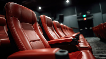 This image features an empty row of luxurious red theater seats, providing a cozy and inviting atmosphere perfect for an immersive cinematic experience.の素材