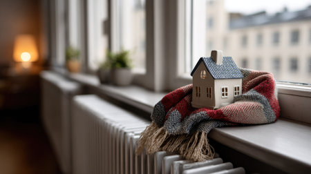A beautifully arranged scene featuring a miniature house on a cozy blanket draped over a radiator. The warm light and urban view create a tranquil atmosphere, perfect for home decor inspiration.の素材