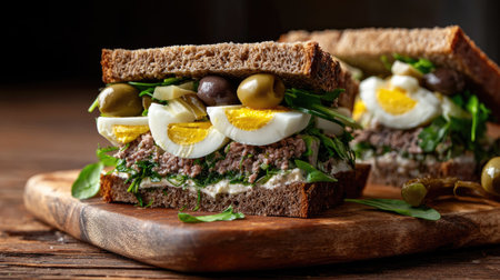 A beautifully presented sandwich featuring layers of egg, savory meat, fresh greens, and tangy pickles, ideal for a hearty meal or snack. Perfect for culinary enthusiasts!の素材