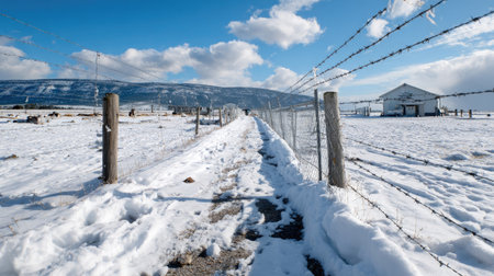 This stunning winter landscape features a snow-covered pathway surrounded by a rustic fence, leading toward a distant barn under a bright blue sky dotted with fluffy clouds.の素材