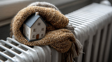 A charming scene featuring a miniature house snugly wrapped in a soft scarf atop a radiator, evoking feelings of warmth and comfort in winter.の素材