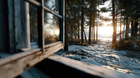 A stunning view of a winter landscape captured through a cabin window, showcasing a serene forest blanketed in snow, illuminated by soft sunlight.の素材