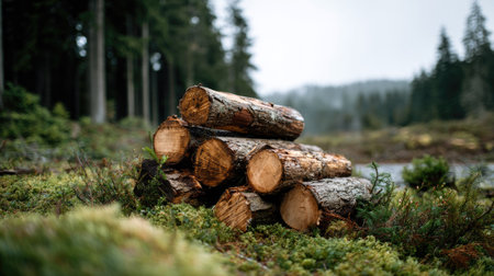 A beautiful arrangement of freshly cut logs stacked on the forest floor, surrounded by lush moss and vibrant greenery, captures the essence of nature.の素材