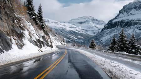 A captivating winter scene featuring a winding road amidst stunning snow-capped mountains, reflecting the tranquil beauty of nature and inviting exploration.の素材