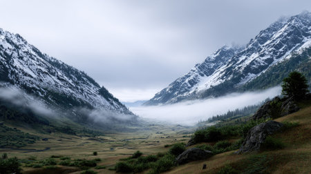 Stunning landscape showcasing a tranquil mountain valley with snow-capped peaks and a misty atmosphere, ideal for nature and travel enthusiasts.の素材
