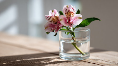 A serene image of delicate pink flowers placed in a clear glass vase filled with water, sitting on a wooden table illuminated by soft natural light, evoking tranquility and beauty.の素材