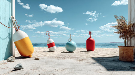 This captivating coastal image showcases colorful buoys resting on a sandy beach with a backdrop of clear blue skies and gentle ocean waves.の素材