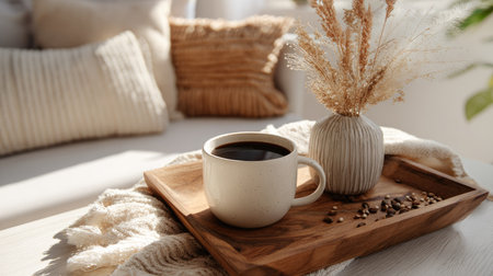A serene morning setup featuring a cozy coffee cup on a rustic wooden tray alongside dried flowers in a textured vase, perfect for promoting relaxation and comfort.の素材