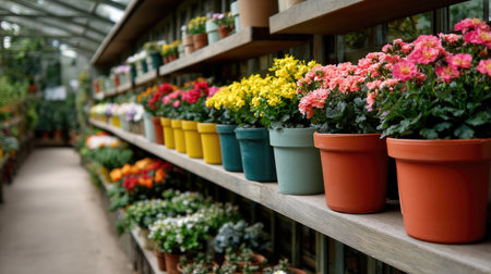 A beautiful array of colorful flower pots filled with vibrant blooms is neatly arranged on wooden shelves in a bright greenhouse, showcasing natureの素材