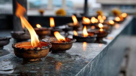 This image showcases a serene arrangement of glowing diya lamps on a stone surface, with flickering flames illuminating the surroundings, creating a peaceful atmosphere.の素材