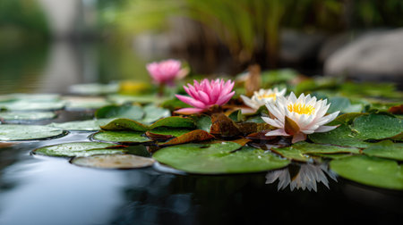 Discover the tranquil beauty of water lilies blooming in a serene pond, surrounded by lush greenery and a peaceful reflective surface. Perfect for nature lovers.の素材