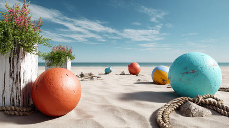 Scenic view featuring vibrant beach buoys on soft sand, with distant ocean waves under a clear blue sky, creating a tranquil summer atmosphere.の素材