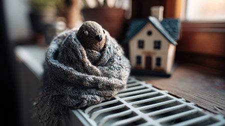 A cozy scene featuring a charming bird wrapped in a soft scarf, resting by a window with a miniature house, evoking warmth and comfort indoors.の素材