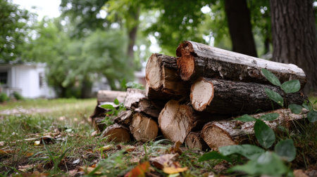 A serene view of neatly stacked firewood logs in a green backyard, surrounded by trees and foliage, showcasing the beauty of natural outdoor arrangements.の素材