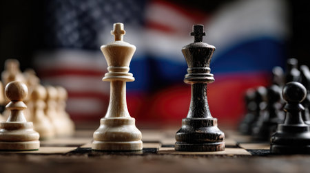 A close-up of a chessboard highlights a dramatic chess match between white and black kings, surrounded by pawns and flanked by USA and Russia flags.の素材