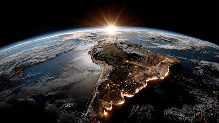 This breathtaking image showcases a sunrise over South America from space, highlighting the rich natural beauty and intricate urban landscapes of the continent.の素材