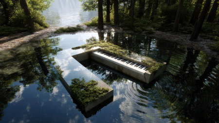 This surreal image features a unique piano installation nestled in a calm body of water, surrounded by lush greenery and towering trees, creating a peaceful atmosphere.の素材