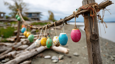A picturesque scene showcasing colorful Easter eggs suspended from driftwood along a tranquil shoreline, embodying the essence of spring and celebration.の素材