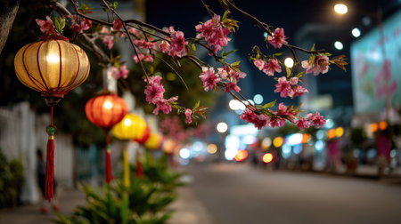 A stunning night view of a street adorned with glowing lanterns and blooming cherry blossom branches, creating a magical and vibrant atmosphere.の素材