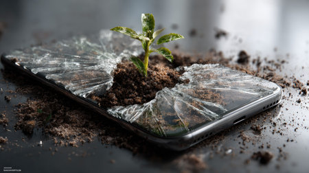 A broken smartphone screen reveals a vibrant green plant emerging from the soil, symbolizing the intersection of nature and technology. This image reflects themes of growth, sustainability, and hope amidst decay.の素材