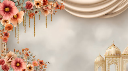 This elegant floral frame features soft drapery and beautifully designed architectural elements, perfect for invitations and decor projects.の素材