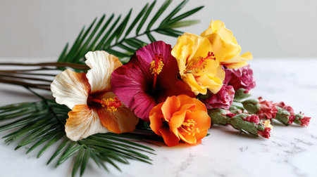 A stunning arrangement of colorful hibiscus flowers in vibrant hues, complemented by lush green leaves, set against a marble background, capturing natural beauty.の素材