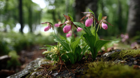 A serene forest scene showcasing vibrant pink orchids thriving amidst lush greenery, perfectly illuminated by gentle sunlight peeking through trees.の素材