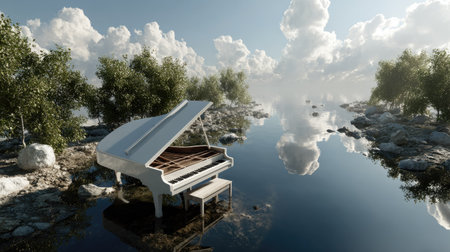 An enchanting grand piano elegantly placed by tranquil waters reflects the stunning scenery around it, inviting a sense of peace and creativity.の素材