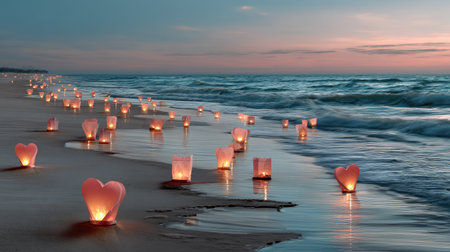 A serene beach scene captures heart-shaped lanterns glowing softly along the shoreline, creating a romantic atmosphere at dusk, perfect for celebrations.の素材