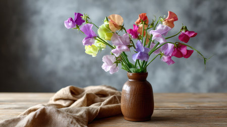 A charming still life featuring vibrant sweet pea flowers arranged in a rustic vase, placed on a wooden table with soft fabric for a cozy atmosphere.の素材