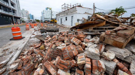 A view of an urban demolition site showcasing piles of debris, bricks, and safety barriers. The scene illustrates the transformation of urban landscapes through construction efforts.の素材