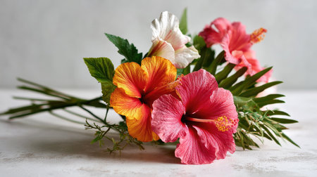 This stunning arrangement features a vibrant selection of hibiscus flowers in shades of pink, orange, and white surrounded by lush green foliage, showcasing nature's beauty.の素材