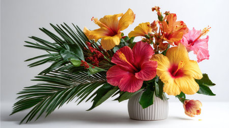 A stunning arrangement featuring vibrant hibiscus flowers in an elegant vase, surrounded by lush greenery, perfect for tropical decor and celebrations.の素材