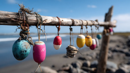 A picturesque arrangement of colorful fishing floats suspended from weathered driftwood against a serene coastal landscape. The bright blue sky and gentle waves create a tranquil atmosphere, perfect for capturing the essence of seaside charm and maritime culture.の素材