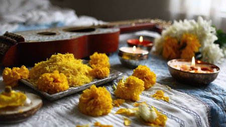 A beautifully arranged festival scene featuring a traditional music instrument, vibrant marigold flowers, and sweet delicacies, symbolizing cultural celebration.の素材