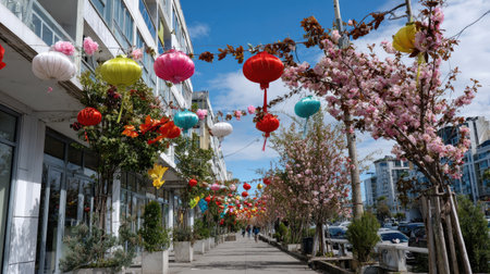 A vibrant urban street adorned with colorful lanterns and blooming cherry blossom trees, capturing the festive spirit and cultural celebration of the season.の素材
